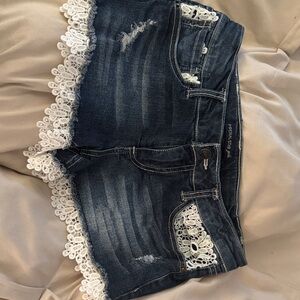 Imperial Star Dark Blue Denim Shorts with White Lace Trim